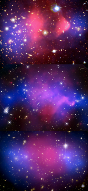 Merging "bullet clusters" 1E 0657-56, Abell 520 and MACSJ0025-12. Dark
matter is shown in blue, and baryonic gas in red.